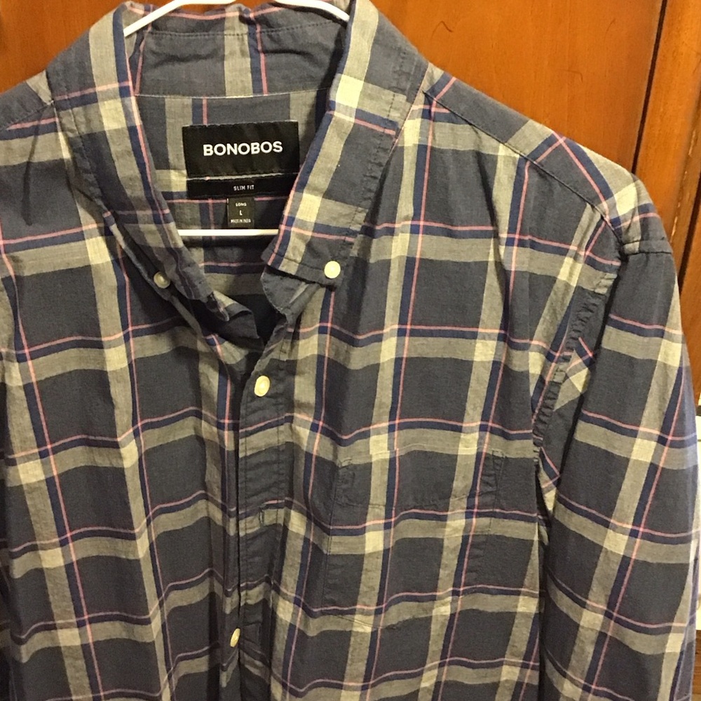 Bonobos Men's Blue and Pink Checkered Shirt Large Long Slim Fit